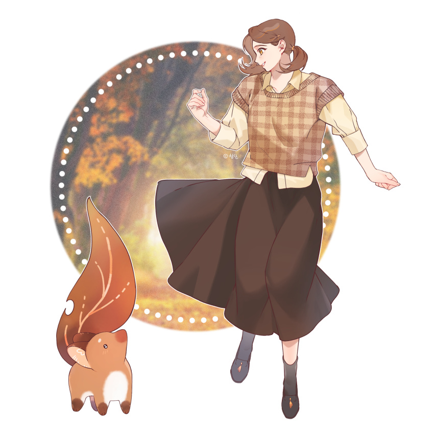 1girl, black_socks, brown_hair, brown_skirt, brown_sweater, cheongdan_t, creature, full_body