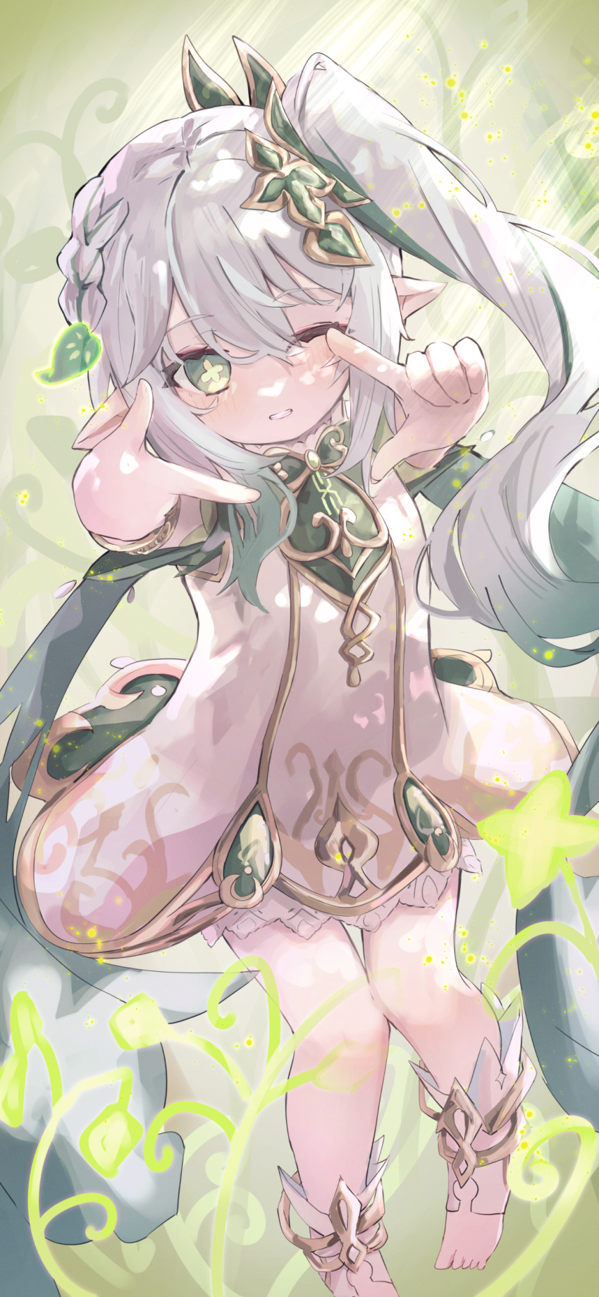 1girl, absurdres, bangs, braid, floating, genshin_impact, green_eyes, grin