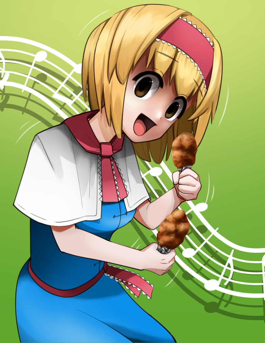 1girl, :d, alice_margatroid, bangs, blonde_hair, blue_dress, breasts, brown_hair, capelet, chicken_leg, commentary_request, cookie_(touhou), cowboy_shot, coxinha_roll, dress, dual_wielding, fried_chicken, frilled_hairband, frilled_necktie, frills, gradient, gradient_background, green_background, hairband, highres, hinase_(cookie), holding, kokokko, looking_at_viewer, medium_breasts, meme, musical_note, necktie, open_mouth, red_hairband, red_necktie, red_sash, sash, shaded_face, short_hair, smile, solo, staff_(music), touhou, white_capelet