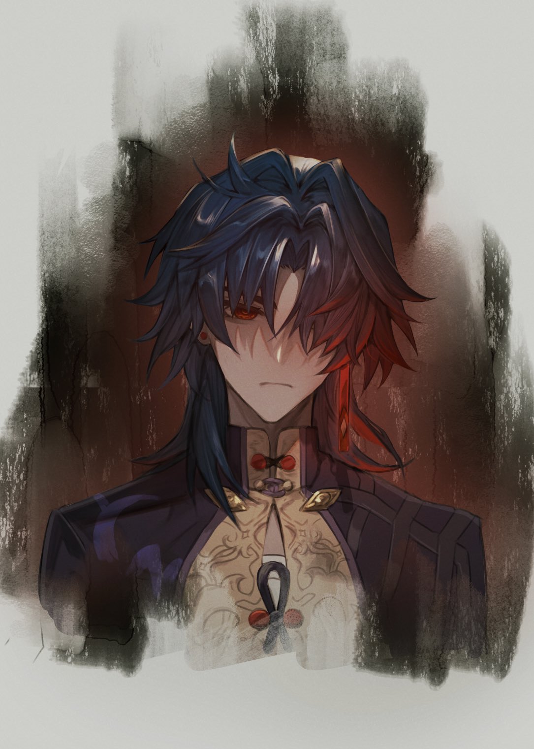 1boy, bangs, black_hair, blade_(honkai:_star_rail), closed_mouth, commentary_request, cropped_shoulders, ear_piercing, hair_between_eyes, hair_over_one_eye, highres, honkai:_star_rail, honkai_(series), jewelry, kokollet, long_hair, male_focus, multicolored_hair, piercing, red_eyes, redhead, simple_background, solo, upper_body