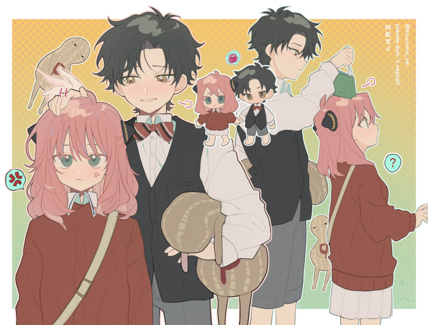1boy, 1girl, ?, aged_up, anger_vein, anya_(spy_x_family), bangs, black_hair, blush, closed_mouth, damian_desmond, green_eyes, hairpods, height_difference, highres, holding_hands, kawama_rei, parted_bangs, parted_lips, pink_hair, spoken_anger_vein, spy_x_family, stuffed_toy, twitter_username, yellow_eyes