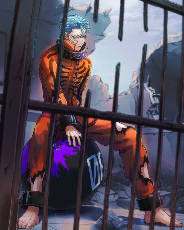 1boy, bleach, blue_eyes, chain, grimmjow_jaegerjaquez, halloween, halloween_costume, kawana_h
