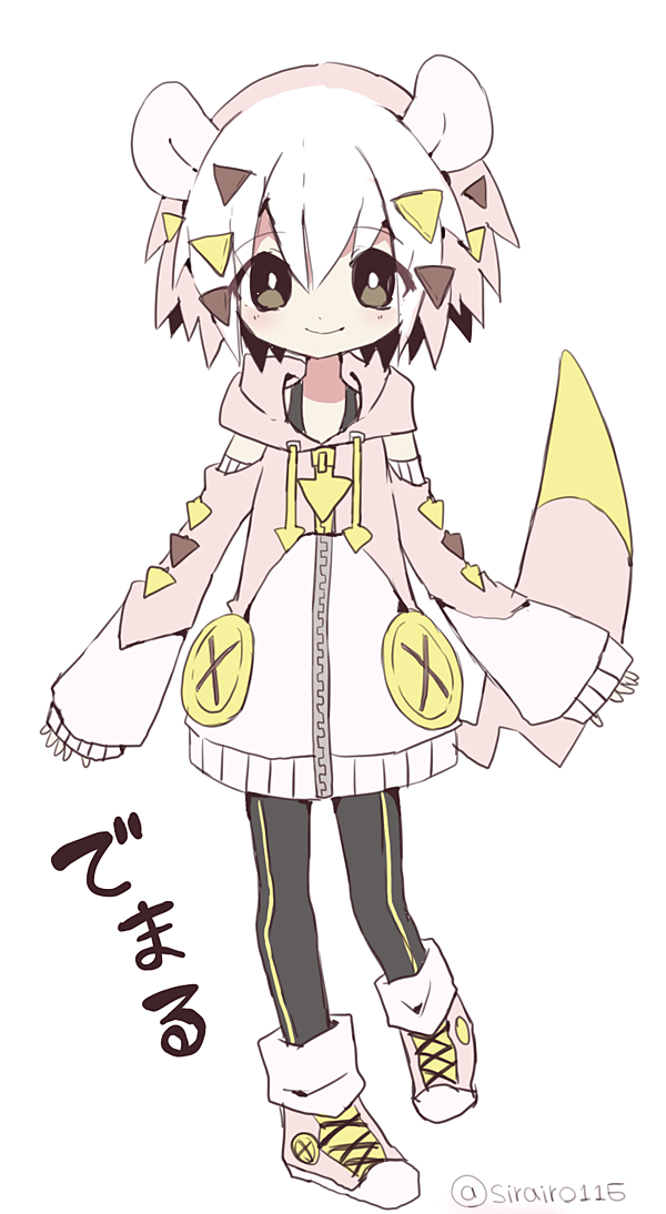 1boy, alternate_color, androgynous, animal_ears, arms_at_sides, arrow_(symbol), artist_name, bangs, black_leggings, black_shirt, blush, bright_pupils, brown_eyes, buttons, character_name, closed_mouth, clothing_cutout, commentary_request, cross-laced_footwear, drawstring, full_body, hair_between_eyes, happy, hood, hood_down, hooded_jacket, jacket, leggings, light_blush, looking_at_viewer, male_focus, multicolored_hair, partial_commentary, personification, pink_footwear, pink_hair, pink_jacket, pokemon, shiny_pokemon, shira_(sirairo116), shirt, shoes, short_hair, shoulder_cutout, sidelocks, signature, simple_background, sleeveless, sleeveless_shirt, sleeves_past_wrists, smile, sneakers, solo, standing, straight-on, tail, togedemaru, translated, triangle_hair_ornament, twitter_username, two-tone_hair, white_background, white_hair, white_pupils, zipper, zipper_pull_tab