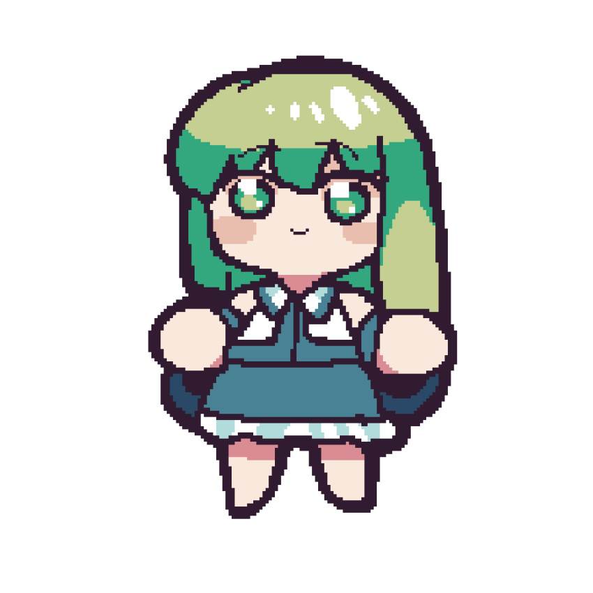1girl, animated, animated_gif, bangs, blue_shirt, blue_skirt, blush, bras_d'honneur, chibi, closed_mouth, collared_vest, commentary_request, detached_sleeves, full_body, green_eyes, green_hair, hair_between_eyes, highres, kochiya_sanae, long_hair, looking_at_viewer, looping_animation, mageres, meme, open_clothes, open_mouth, open_vest, pixel_art, shirt, simple_background, skirt, smile, smug, solo, sunburst, sunburst_background, tonchamon_san, touhou, vest, white_background, white_sleeves, white_vest, zettai_yurusanae
