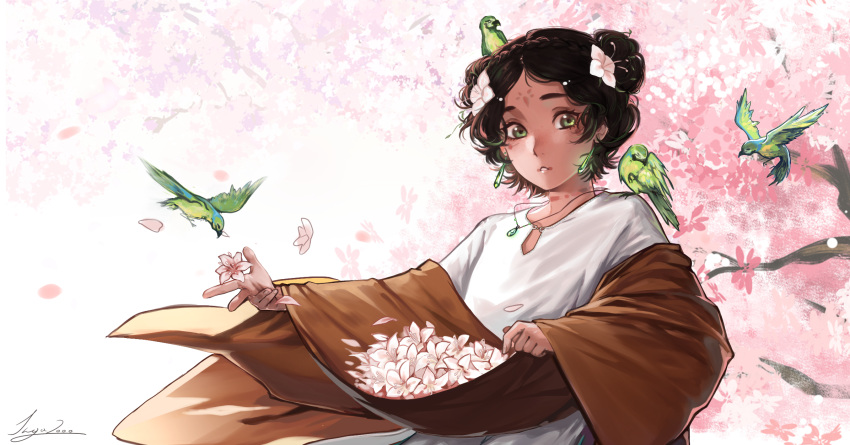 1girl, bird, black_shorts, brown_hair, dress, flower, green_eyes, highres, inga2ooo, juwelier, loli, medium_hair, original, shorts, solo, sumerian_mythology, tree