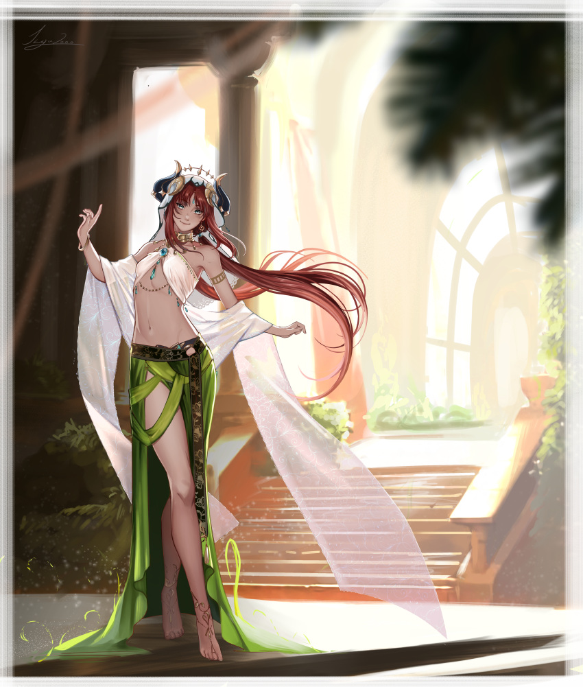 1girl, absurdres, barefoot, blue_eyes, blush, bracelet, breasts, dancing