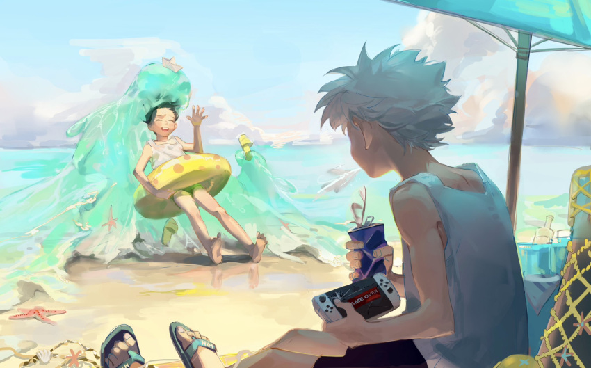 1girl, bare_arms, bare_shoulders, barefoot, beach, beach_umbrella, black_hair, black_shorts, can, child, clouds, commentary, cracked_glass, crossover, crushing, day, drink, facing_away, facing_viewer, flip-flops, gon_freecss, green_shorts, grey_hair, hand_up, handheld_game_console, highres, holding, holding_can, holding_clothes, holding_footwear, holding_handheld_game_console, holding_innertube, hug, hug_from_behind, hunter_x_hunter, innertube, killua_zoldyck, koy8frqryzjmxxy, leaning_back, male_child, moana_(movie), monster_girl, nature, object_on_head, ocean, ocean_(moana), outdoors, paper_boat, partially_submerged, polka_dot, sandals, shoes, shoes_removed, short_hair, shorts, sky, slime_girl, soda_can, soles, spiky_hair, spitting, standing, starfish, surprised, tank_top, umbrella, waves, waving