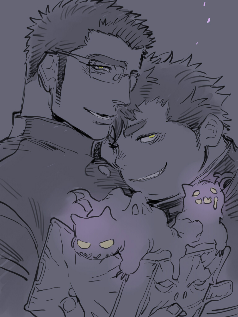 2boys, book, commentary_request, creature, devil_(housamo), gakuran, glasses, grin