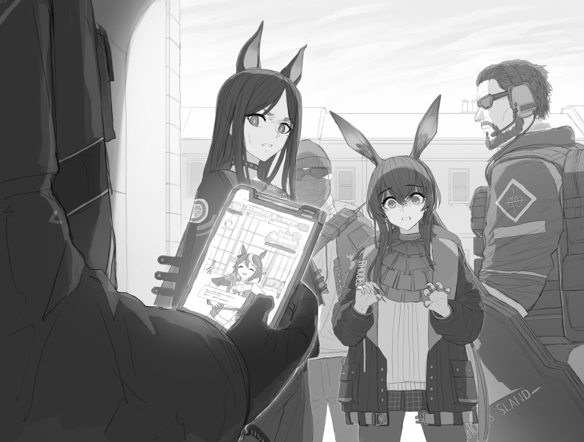 1other, 2boys, 3girls, absurdres, ace_(arknights), amiya_(arknights), animal_ears, arknights, beard, cheogtanbyeong, coat, dobermann_(arknights), doctor_(arknights), dog_ears, facial_hair, greyscale, headset, highres, jewelry, monochrome, multiple_boys, multiple_girls, playing_games, rabbit_ears, ring, studded_choker, sunglasses, tablet_pc, tokai_teio_(umamusume), umamusume