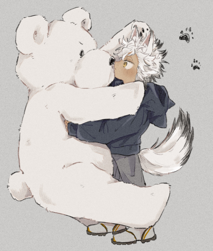 1boy, aged_down, animal_ear_fluff, animal_ears, animal_hood, bangs, blue_hoodie, child, dark-skinned_male, dark_skin, full_body, grey_pants, highres, holding, hood, hood_down, hoodie, hug, jack_howl, long_sleeves, looking_away, male_child, necomu, pants, paw_print, profile, shoes, short_hair, simple_background, solo, standing, stuffed_animal, stuffed_toy, surprised, tail, teddy_bear, twisted_wonderland, white_hair, wolf_boy, wolf_ears, wolf_tail, yellow_eyes