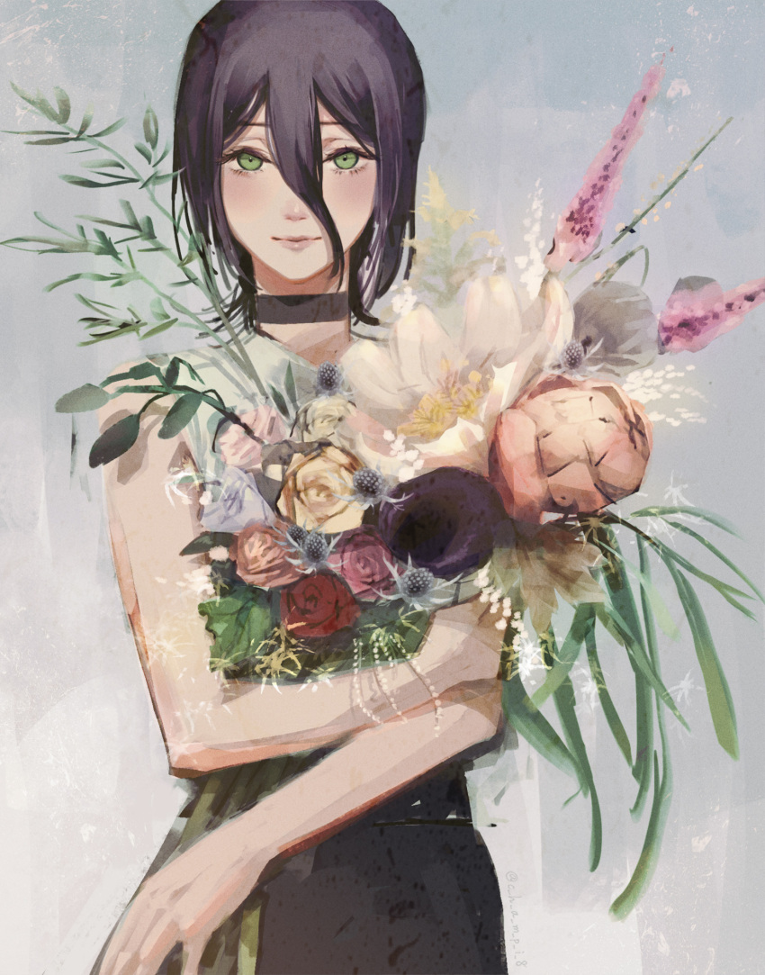 1girl, bangs, black_choker, black_shorts, bouquet, chainsaw_man, champi, choker