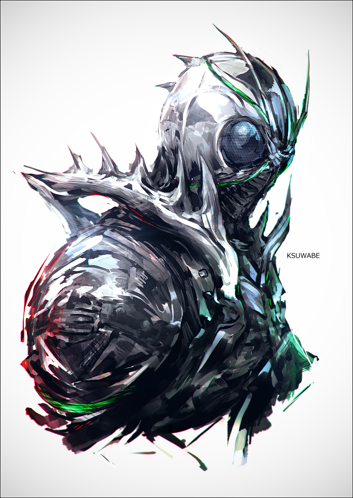 1boy, antennae, artist_name, black_eyes, k-suwabe, kamen_rider, kamen_rider_black_(series), kamen_rider_black_sun, kamen_rider_shadow_moon, male_focus, shadow_moon, solo, spiked_armor, upper_body, white_background