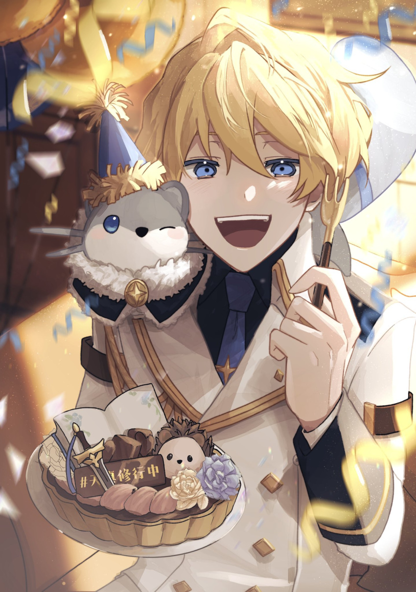 1boy, :d, aiguillette, animal, animal_on_shoulder, balloon, black_shirt, blonde_hair