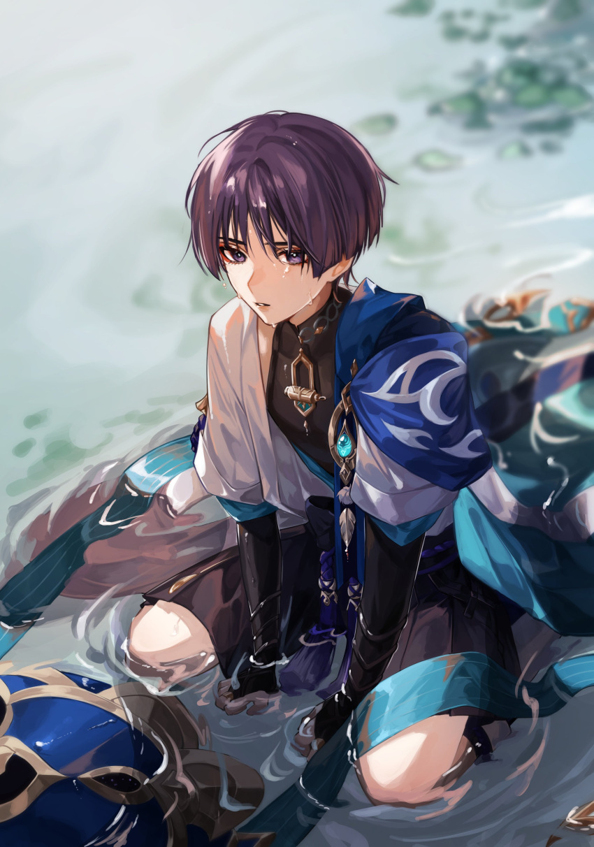 1boy, absurdres, arm_armor, bangs, belt, black_belt, black_shirt, black_shorts