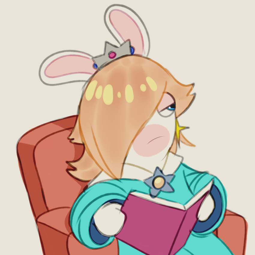 1girl, absurdres, bare_shoulders, blonde_hair, blue_eyes, book, crown, dress