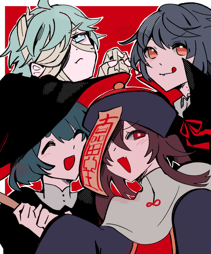 2boys, 2girls, :d, :p, absurdres, bandage_over_one_eye, black_headwear, blue_eyes