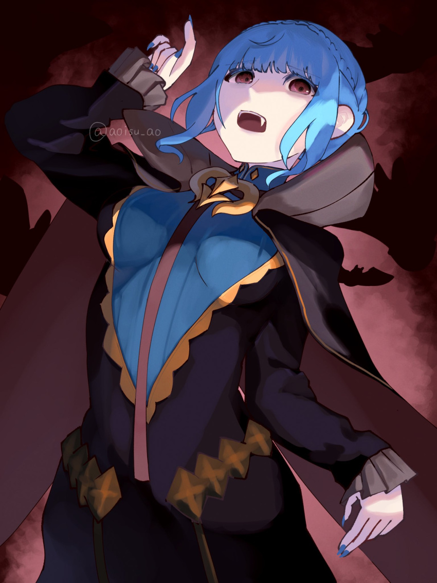1girl, aoisu_ao, bangs, blue_hair, braid, breasts, brown_eyes, cape, crown_braid, dress, fangs, fire_emblem, fire_emblem:_three_houses, halloween, highres, long_hair, long_sleeves, looking_at_viewer, marianne_von_edmund, open_mouth, simple_background, solo, upper_body, vampire