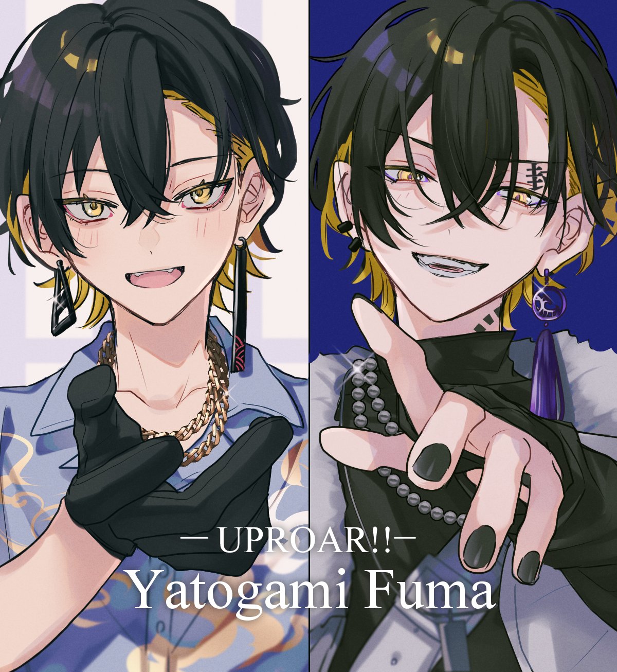 2boys, :d, asymmetrical_earrings, bead_necklace, beads, beckoning, black_gloves, black_hair