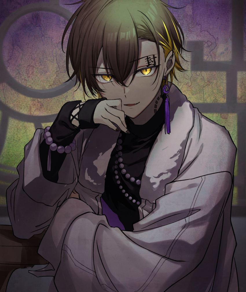 1boy, bead_bracelet, bead_necklace, beads, black_hair, black_nails, black_shirt, blonde_hair