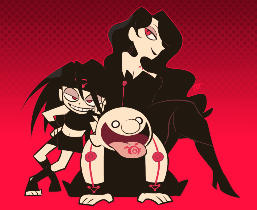 1boy, 1girl, 1other, bald, black_dress, black_hair, breasts, dress, envy_(fma), fingerless_gloves, fullmetal_alchemist, gloves, gluttony_(fma), grin, haku_le, head_rest, high_heels, large_breasts, long_hair, lust_(fma), navel, polka_dot, polka_dot_background, red_eyes, signature, sitting, sitting_on_person, smile, strapless, strapless_dress, tongue, tongue_out, wavy_hair