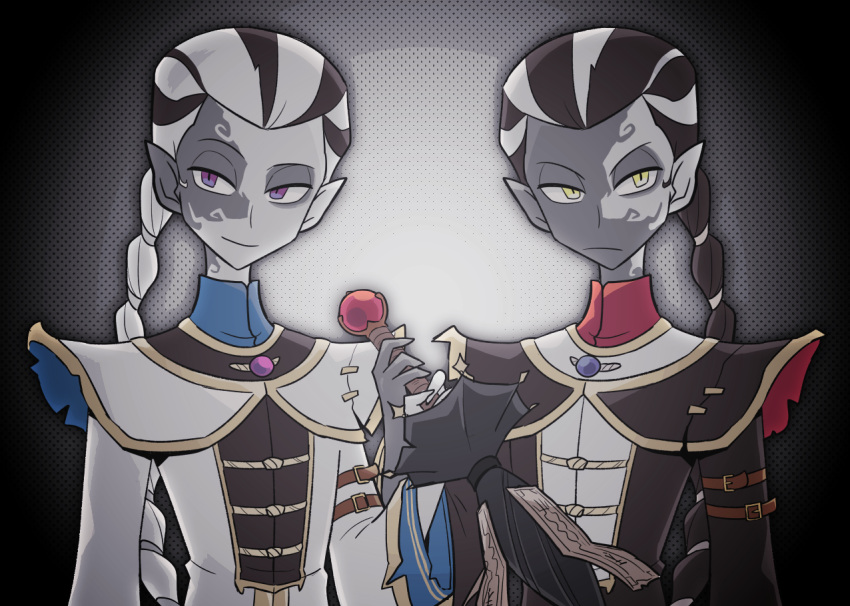 2boys, arm_strap, black_hair, braid, colored_skin, frown, grey_skin, haku_le