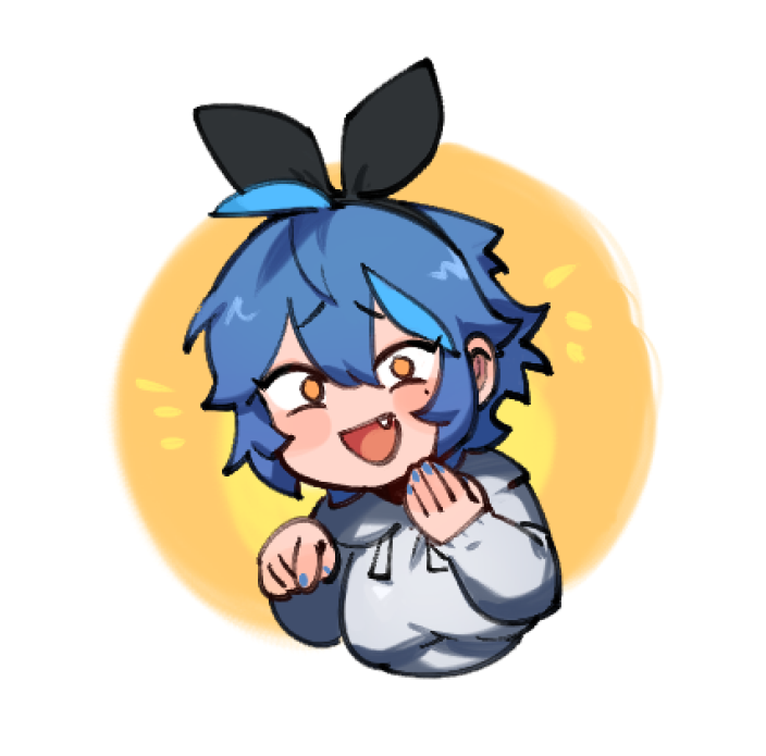 1girl, black_hairband, black_ribbon, blue_hair, blue_nails, blush_stickers, breasts, chibi