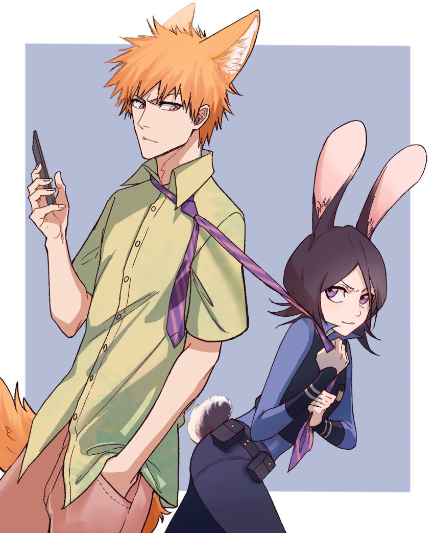 1boy, 1girl, animal_ears, black_hair, bleach, breasts, cmwl_514, disney, fox_ears, hair_between_eyes, hetero, highres, judy_hopps, kuchiki_rukia, kurosaki_ichigo, long_sleeves, necktie, nick_wilde, orange_hair, pants, police, police_uniform, policewoman, rabbit_ears, rabbit_tail, shirt, short_hair, simple_background, small_breasts, smile, tail, uniform, violet_eyes, zootopia