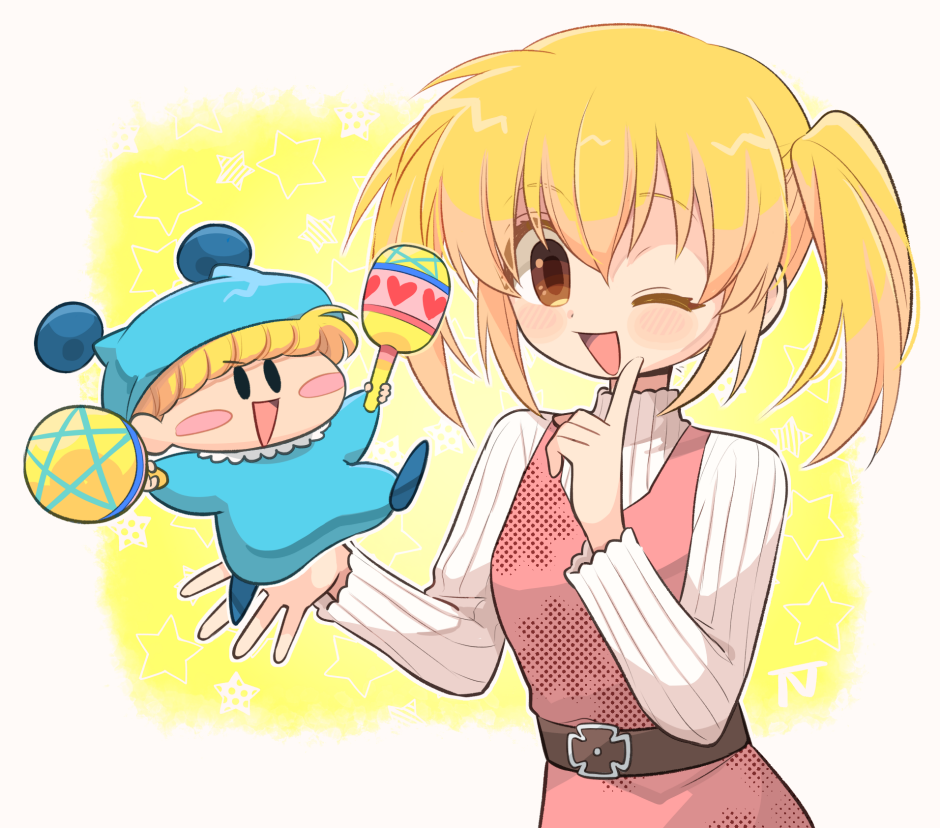 1boy, 1girl, blonde_hair, blue_eyes, blush_stickers, dress, haku_le, holding_maracas