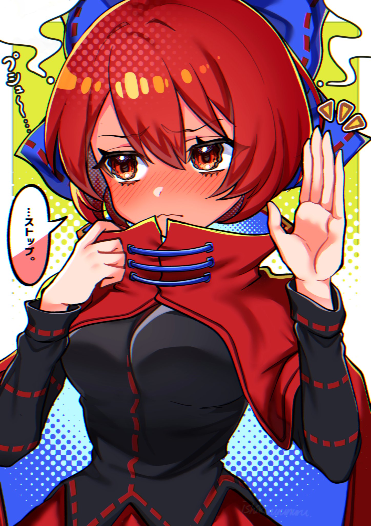 1girl, black_shirt, blue_bow, blush, bow, cape, commentary_request, embarrassed, full-face_blush, furrowed_brow, hair_between_eyes, hair_bow, hands_up, highres, long_sleeves, looking_away, red_eyes, red_skirt, redhead, sekibanki, sekkaku_nuru, shirt, short_hair, skirt, solo, speech_bubble, touhou, translation_request