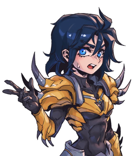 1girl, :d, armor, bangs, blue_eyes, breasts, covered_collarbone, covered_navel, genderswap, genderswap_(mtf), gold_armor, hair_between_eyes, hand_up, jarvan_iv_(league_of_legends), league_of_legends, medium_breasts, open_mouth, phantom_ix_row, shiny, shiny_clothes, shiny_hair, short_hair, shoulder_spikes, simple_background, smile, solo, spiked_armor, spikes, sweatdrop, tongue, upper_body, w, white_background