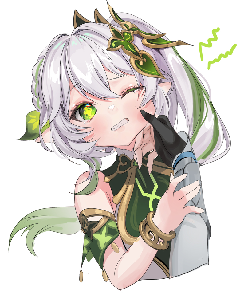 1girl, black_gloves, clenched_teeth, genshin_impact, gloves, green_eyes, green_hair, hair_ornament