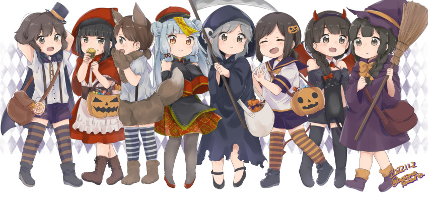 animal_ears, animal_hands, aoshima_sakana, bag, bangs, big_bad_wolf, big_bad_wolf_(cosplay), black_cape, black_coat, black_gloves, black_hair, black_headwear, black_sailor_collar, black_shorts, blunt_bangs, braid, broom, candy, cape, checkered_background, chinese_clothes, coat, collared_shirt, commentary_request, cosplay, death_(entity), death_(entity)_(cosplay), demon_horns, double_bun, dress_shirt, elbow_gloves, fake_animal_ears, fake_horns, food, fubuki_(kancolle), gloves, grey_hair, grey_pantyhose, grim_reaper, grim_reaper_(cosplay), hair_bun, hair_ornament, hair_ribbon, hairclip, halloween_costume, hat, hatsuyuki_(kancolle), highres, holding, holding_scythe, hood, hooded_coat, hoodie, horns, isonami_(kancolle), jack-o'-lantern, jiangshi, kantai_collection, little_red_riding_hood, little_red_riding_hood_(grimm), little_red_riding_hood_(grimm)_(cosplay), lollipop, long_hair, low_twintails, medium_hair, mini_hat, mini_top_hat, miyuki_(kancolle), murakumo_(kancolle), ofuda, orange_eyes, pantyhose, paw_gloves, ponytail, qing_guanmao, ribbon, sailor_collar, sailor_shirt, scythe, shirayuki_(kancolle), shirt, short_hair, shorts, sidelocks, single_braid, striped, striped_thighhighs, suspenders, swirl_lollipop, tail, thigh-highs, top_hat, tress_ribbon, twin_braids, twintails, uranami_(kancolle), usugumo_(kancolle), white_shirt, witch_hat, wolf_ears, wolf_tail