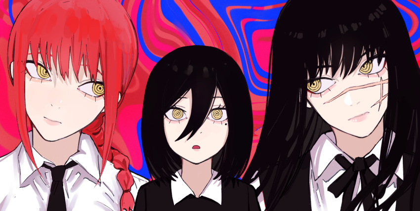 3girls, bangs, black_hair, black_necktie, black_ribbon, black_shirt, braid, braided_ponytail