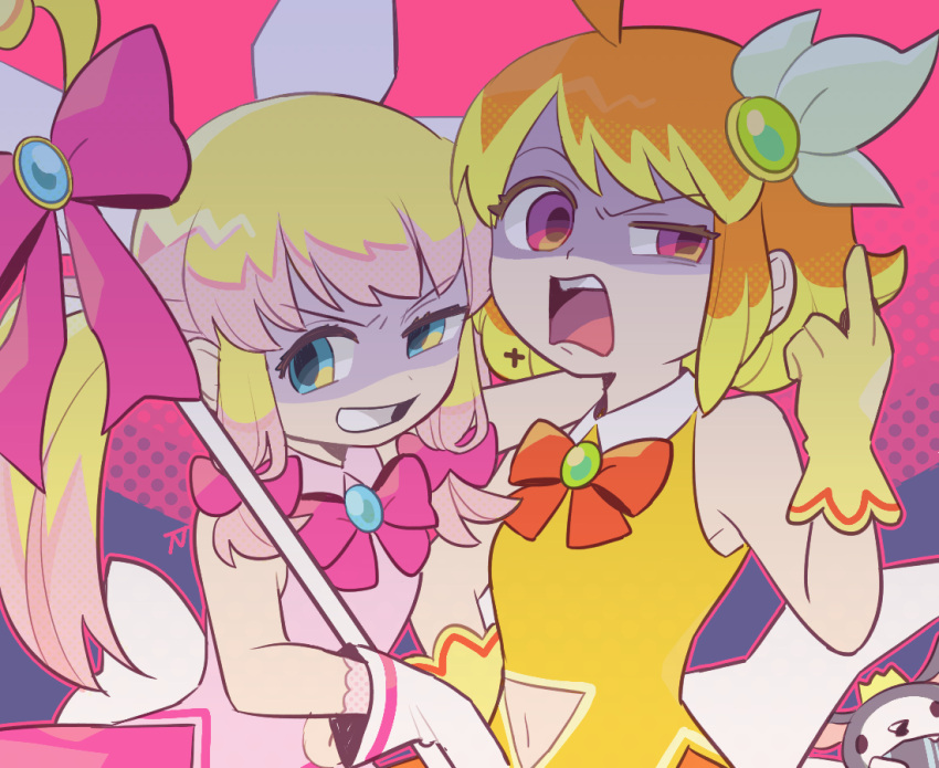 2girls, ahoge, azuchimomoyama_kurumi, blonde_hair, clothing_cutout, dress, gloves, half-closed_eye