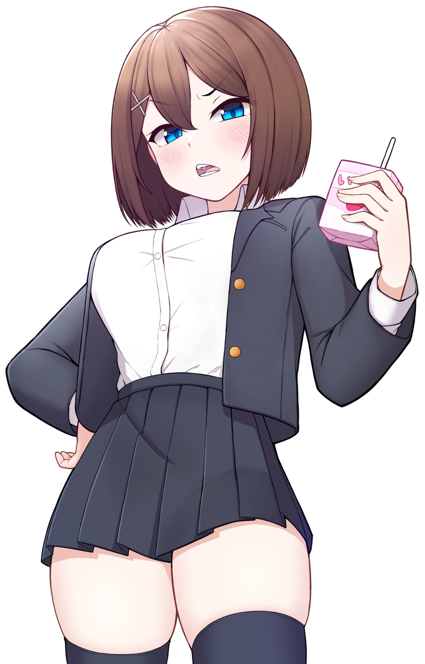 1girl, absurdres, alternate_costume, black_jacket, black_thighhighs, blazer, blue_eyes, brown_hair