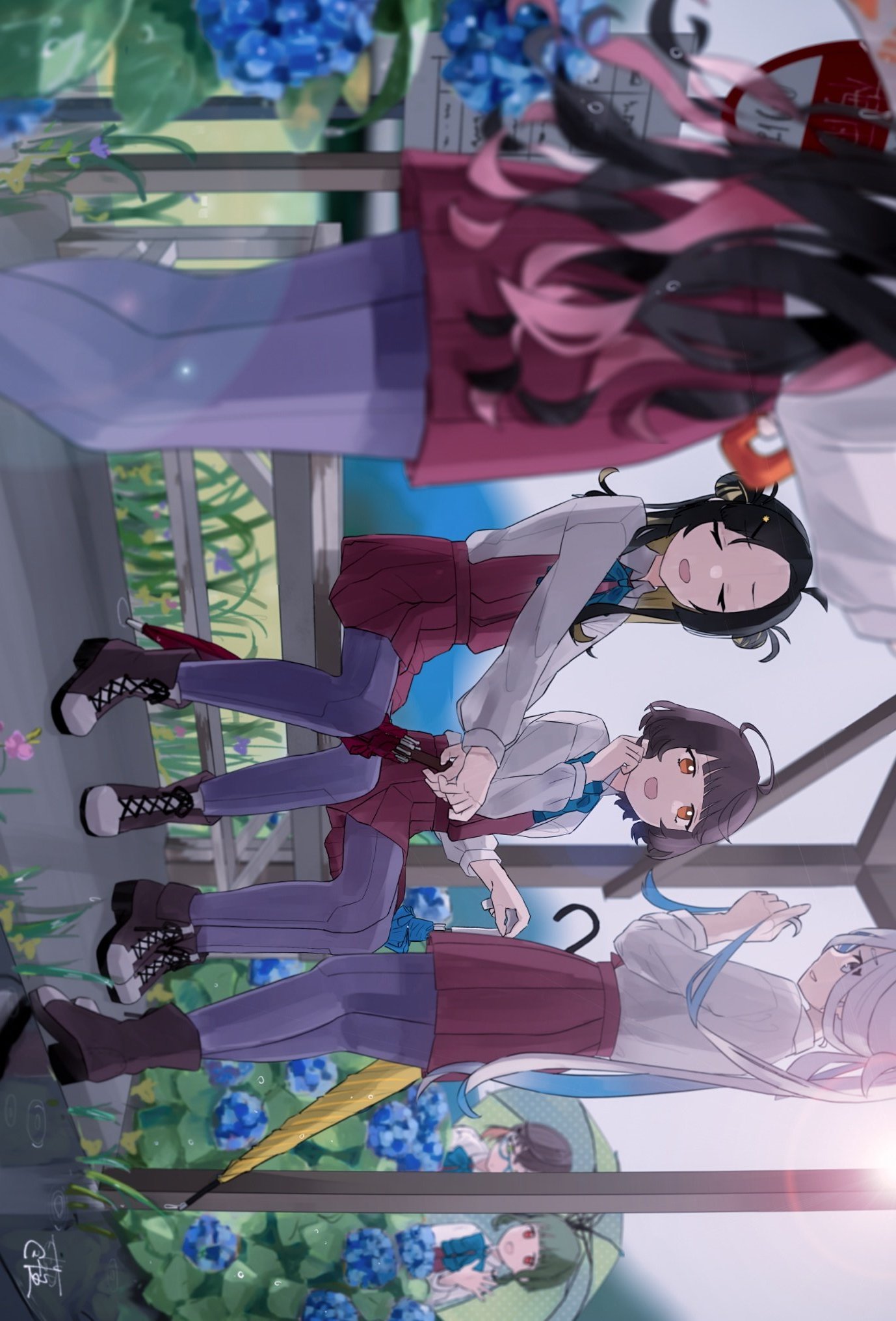 3girls, ahoge, aqua_bow, aqua_bowtie, asashimo_(kancolle), black_hair, blurry, bonozako