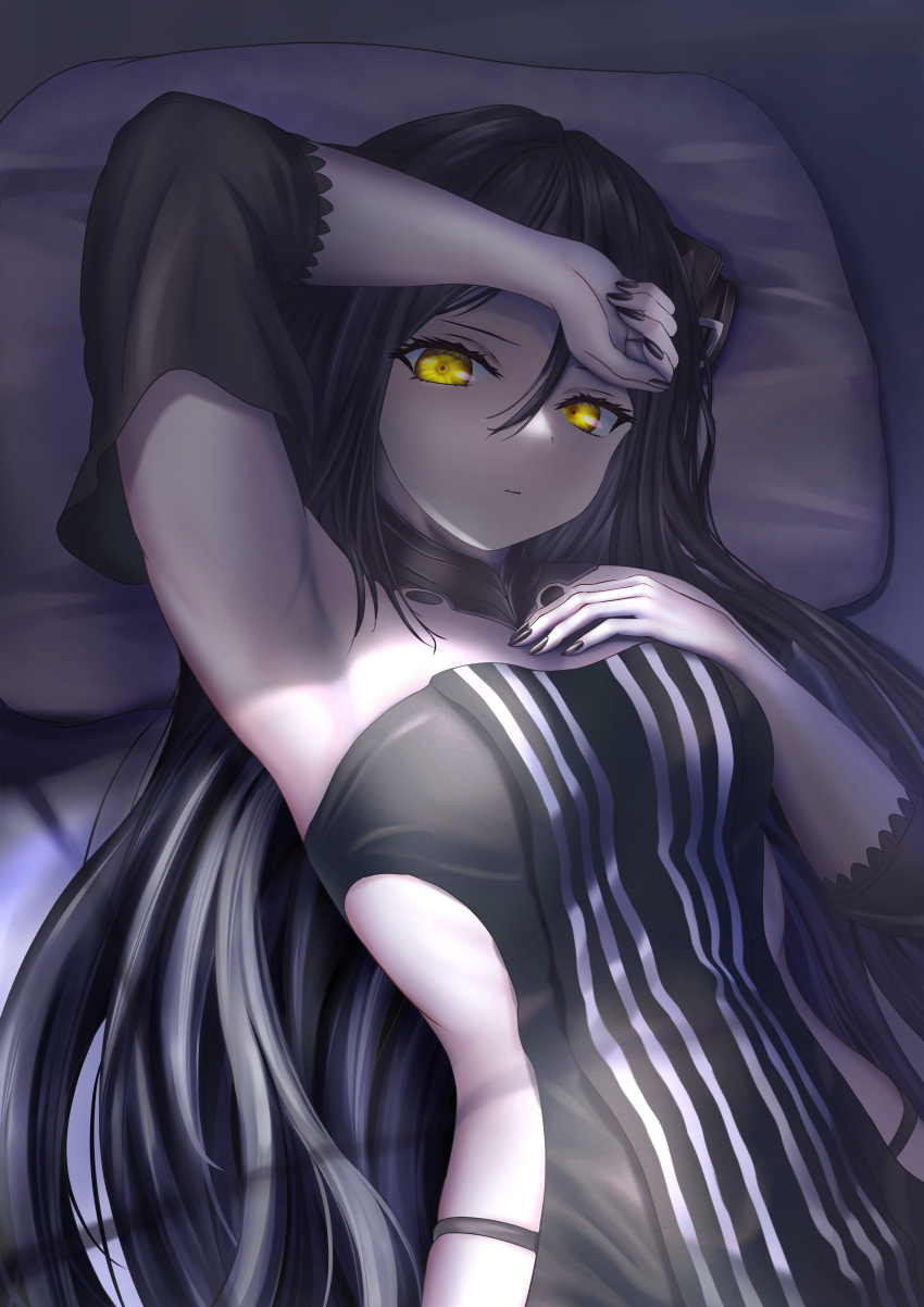 1girl, absurdres, android, armpits, bed, black_hair, black_nails, breasts, commentary, detached_sleeves, dreamer_(girls'_frontline), expressionless, eyelashes, girls_frontline, highres, long_hair, looking_at_viewer, lying, medium_breasts, nail_polish, on_back, on_bed, pale_skin, pillow, revealing_clothes, sangvis_ferri, waking_up, yellow_eyes
