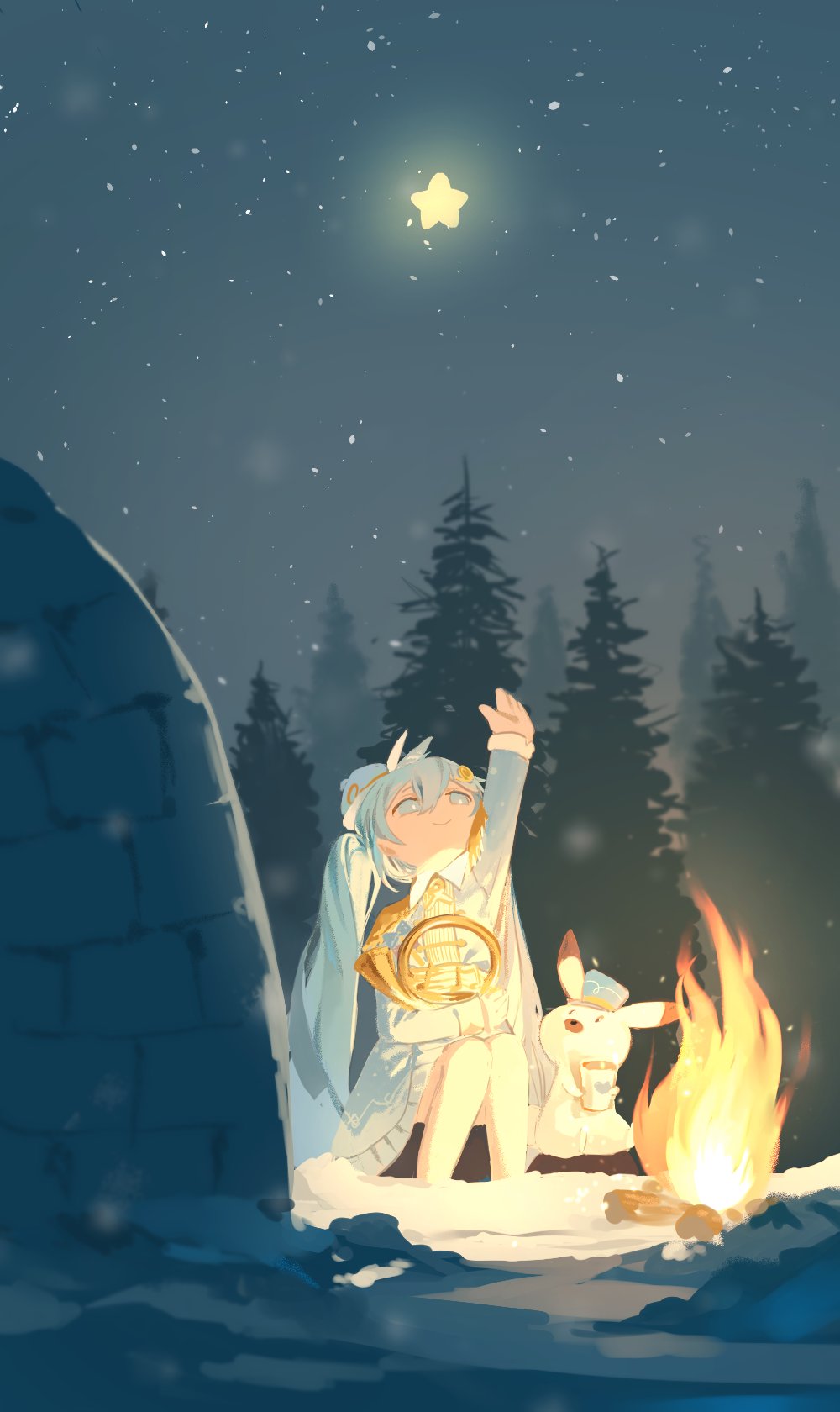 1girl, animal, arm_up, band_uniform, bangs, blue_eyes, blue_hair, campfire, chi_chi3939, clothed_animal, cup, dress, english_commentary, epaulettes, french_horn, hair_ornament, hat, hat_feather, hatsune_miku, highres, holding, holding_cup, horn_(instrument), igloo, instrument, long_hair, long_sleeves, looking_away, looking_up, mini_shako_cap, mixed-language_commentary, nature, night, night_sky, outdoors, pine_tree, pleated_dress, pokapoka_no_hoshi_(vocaloid), rabbit_yukine, reaching, sitting, sky, smile, snow, snow_shelter, star_(sky), star_(symbol), stargazing, starry_sky, tree, very_long_hair, vocaloid, yuki_miku, yuki_miku_(2020)