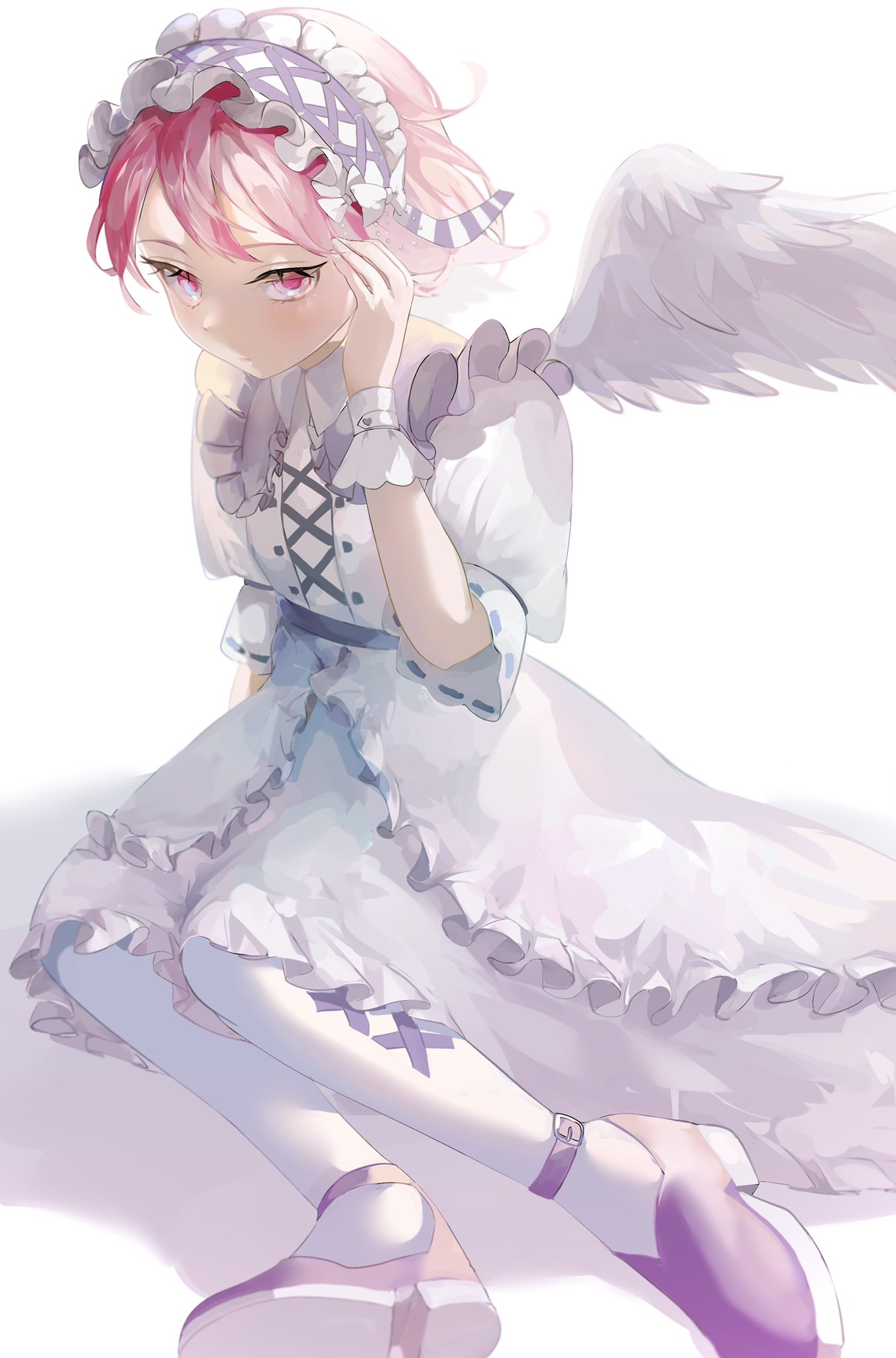 1girl, byoushin_(song), closed_mouth, dress, expressionless, feathered_wings, highres, looking_at_viewer
