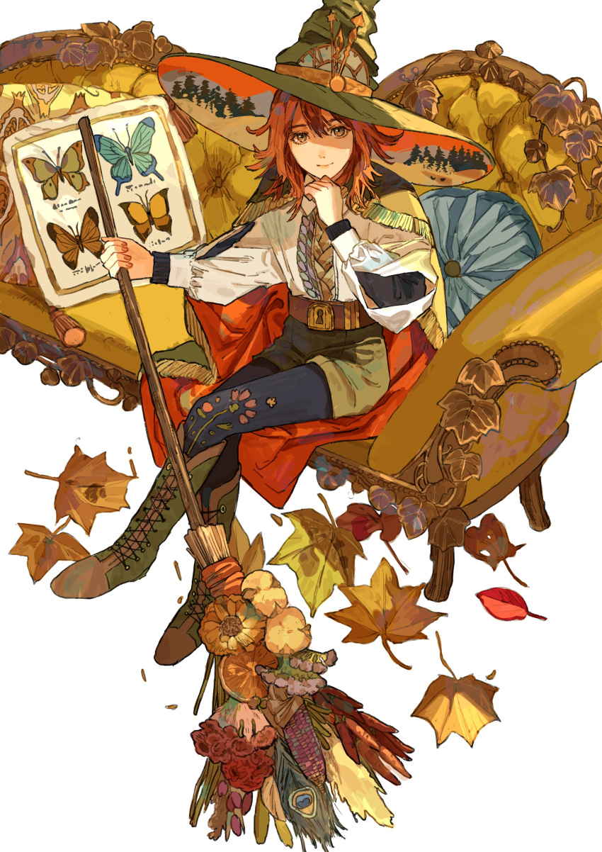1girl, absurdres, autumn_leaves, belt, black_pantyhose, black_shirt, boots, broom