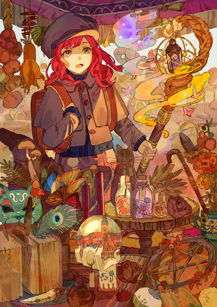 1girl, absurdres, bangs, basket, blue_nails, book, broom, bug