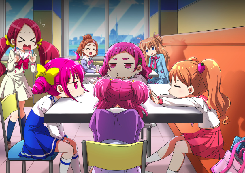 >_<, 6+girls, absurdres, aria_gakuen_school_uniform, bangs, between_legs, blue_eyes, blue_jacket