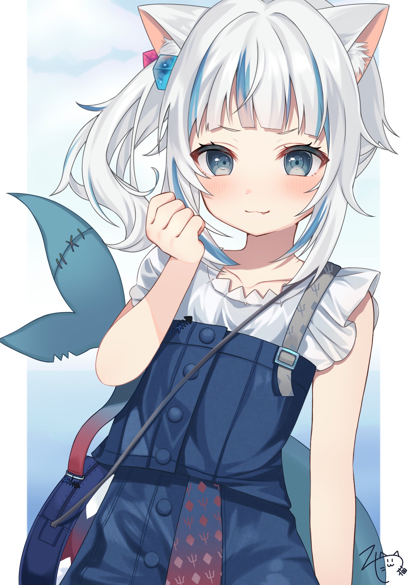 1girl, :3, animal_ear_fluff, animal_ears, arm_at_side, bag, bangs, blue_eyes