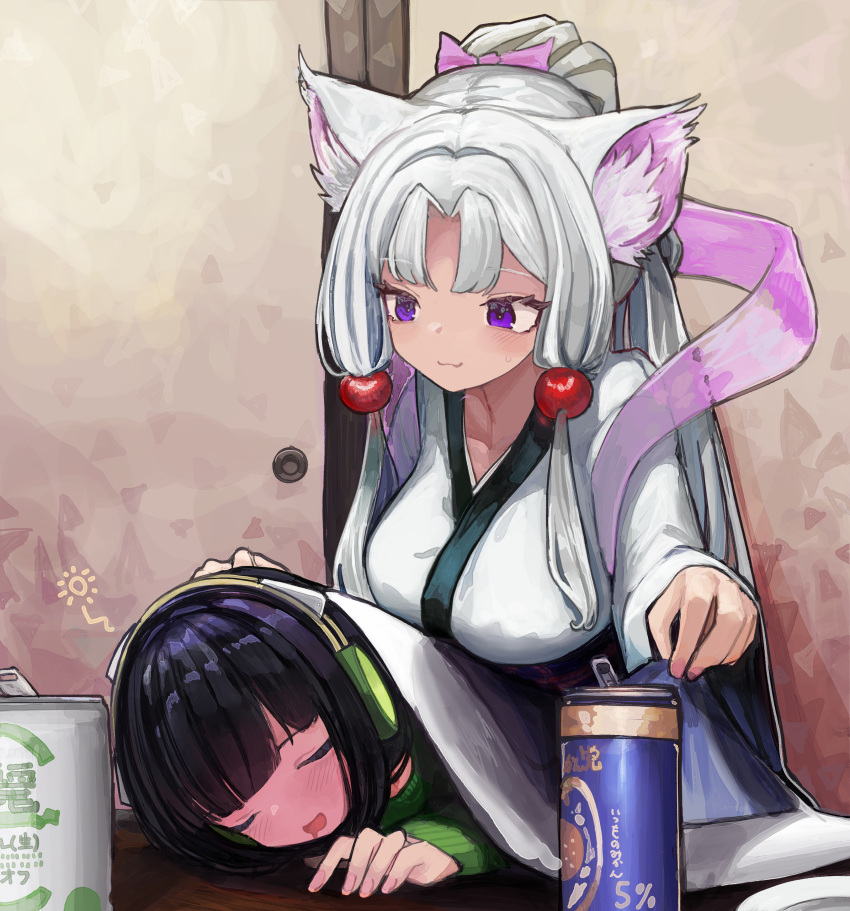2girls, :3, absurdres, animal_ear_fluff, animal_ears, bangs, black_hair, blanket
