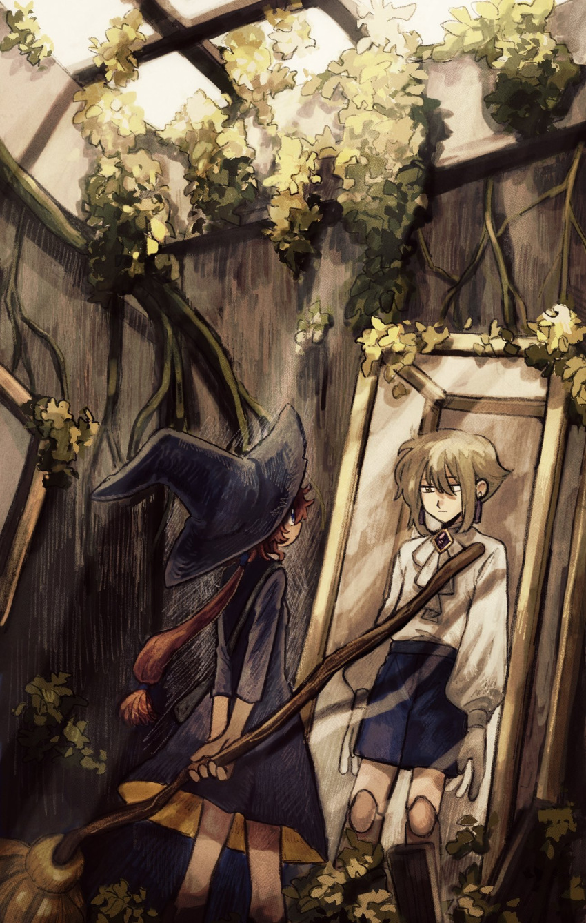 1boy, 1girl, 79x_(ox79xo), abandoned, alternate_costume, ascot, black_dress, blonde_hair, blue_eyes, blue_shorts, broom, doll_joints, dress, earrings, elan_ceres, expressionless, from_behind, gem, glass_container, gloves, gundam, gundam_suisei_no_majo, hair_over_one_eye, hat, highres, holding, holding_broom, jewelry, joints, long_sleeves, looking_at_another, low_ponytail, one_eye_covered, overgrown, plant, puffy_long_sleeves, puffy_sleeves, purple_gemstone, redhead, shirt, shorts, sidelocks, standing, suletta_mercury, sunlight, vines, white_ascot, white_gloves, white_shirt, witch, witch_hat, yellow_eyes