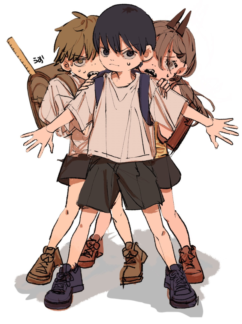 1girl, 2boys, aged_down, backpack, bag, bangs, black_hair, blonde_hair