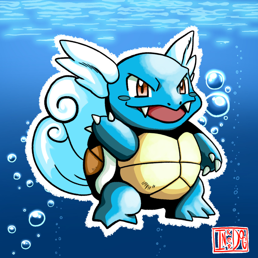 :d, animal_ears, artist_logo, artist_name, blue_background, blue_skin, brown_eyes, bubble