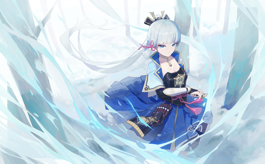 1girl, blue_eyes, blue_hair, blue_skirt, commentary_request, genshin_impact, hair_ribbon, highres