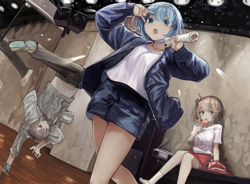 1boy, 2girls, \m/, bangs, blue_hair, blue_jacket, blue_shorts, cevio