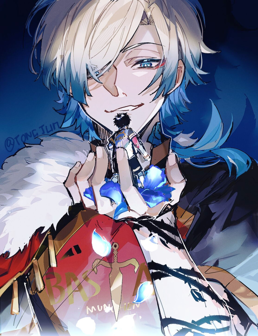 2boys, arm_tattoo, artist_name, bangs, black_hair, blonde_hair, blue_eyes, blue_hair, blue_lock, chinese_commentary, commentary_request, fur_trim, highres, holding, in_palm, isagi_yoichi, long_hair, looking_at_another, male_focus, michael_kaiser, miniboy, multicolored_hair, multiple_boys, petals, short_hair, smile, tattoo, tong_jun, two-tone_hair, upper_body